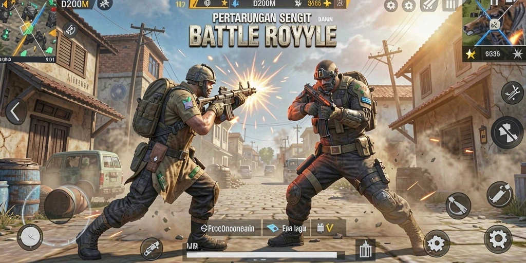 Screenshot D200M menampilkan aksi Battle Royale yang mendebarkan.
