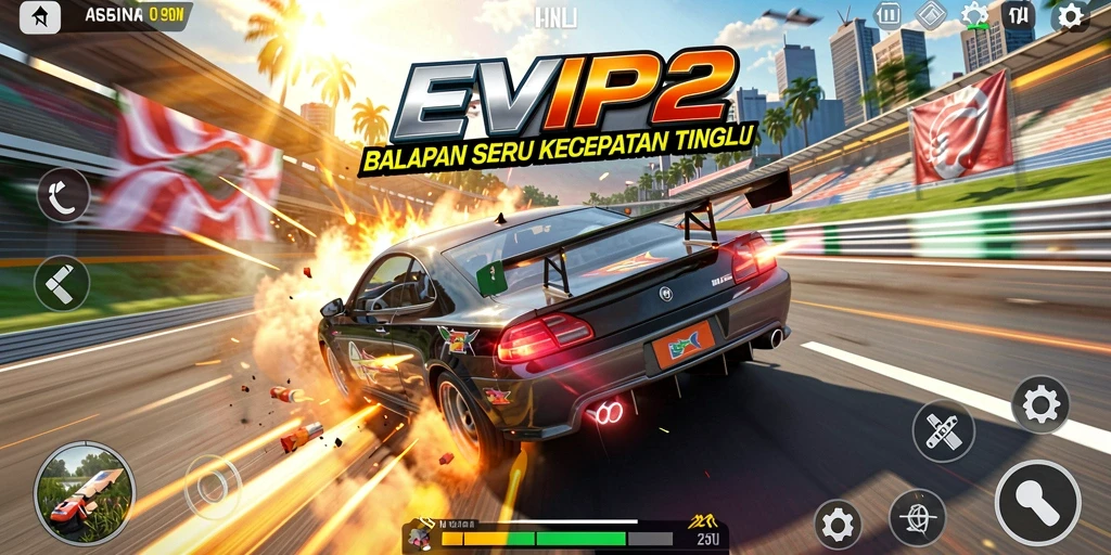 Tampilan utama gameplay EVIP2 menampilkan balapan menegangkan dan grafis yang memukau.