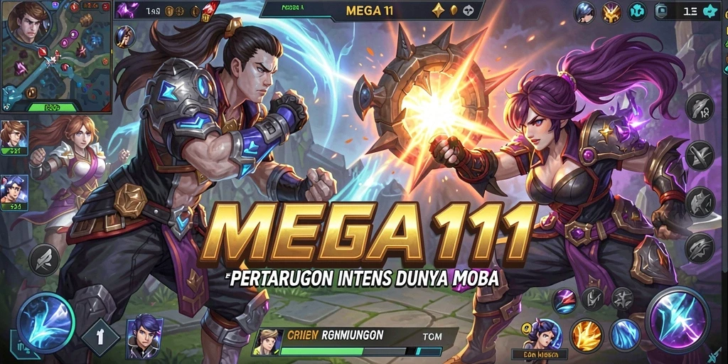 Screenshot utama MEGA111 menampilkan aksi seru dalam pertarungan MOBA.