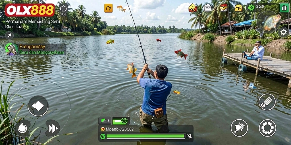 Screenshot gameplay OLX888 yang menampilkan aksi memancing seru.