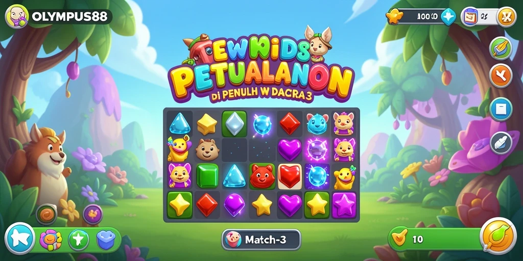 Screenshot utama OLYMPUS88 menunjukkan berbagai permata berwarna dalam permainan Match-3.