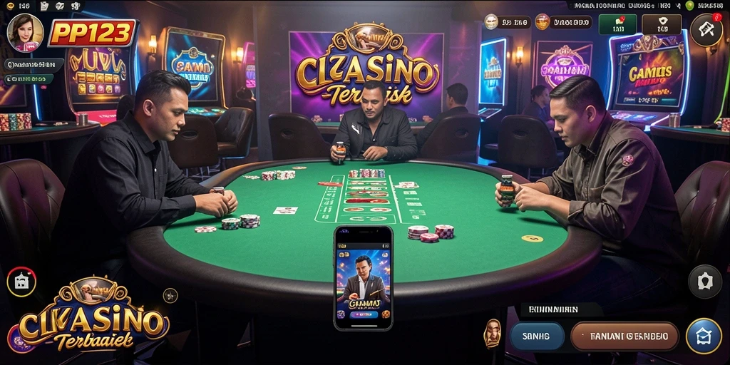 Screenshot gameplay PP123 dengan dealer langsung dan suasana kasino yang hidup.