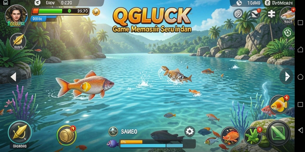 Tampilan gameplay QGLUCK yang menampilkan momen memancing seru di lautan.
