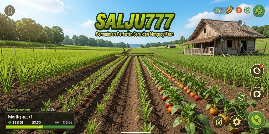 Tangkapan layar gameplay SALJU777 dengan kebun yang subur dan hewan ternak.