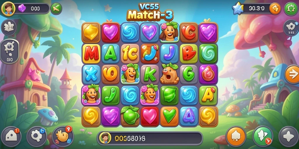 Screenshot gameplay VC55 menampilkan serunya mencocokkan simbol dalam Match-3.